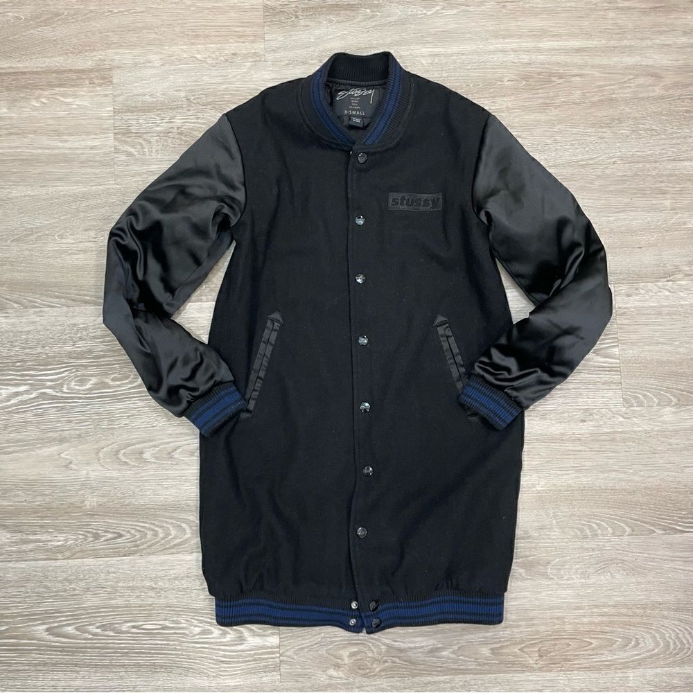 Stussi Black Wool long varsity jacket coat sz XS - Picture 2 of 12